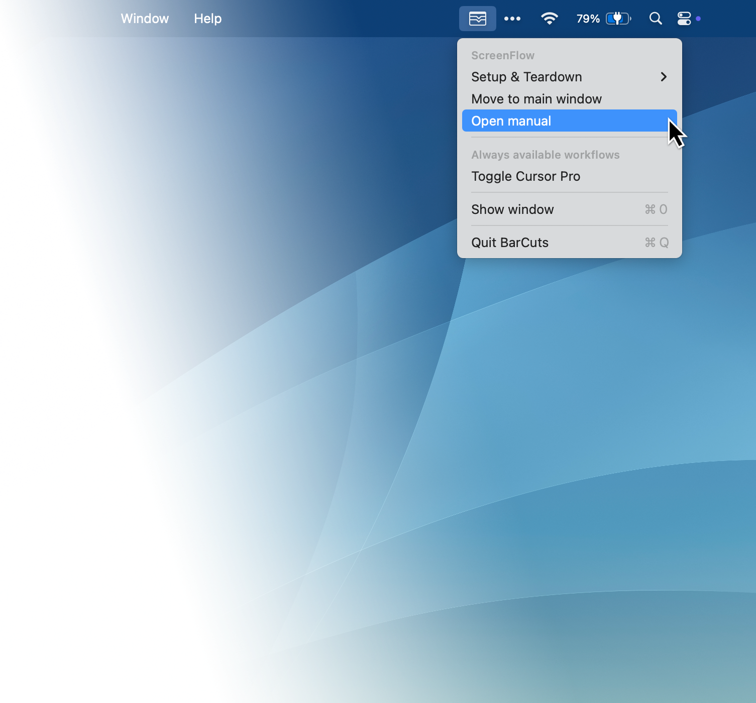 Screenshot of the macOS menu bar, showing an open menu provided by the app BarCuts, listing several workflows, and options to show the app window and to quit the app.