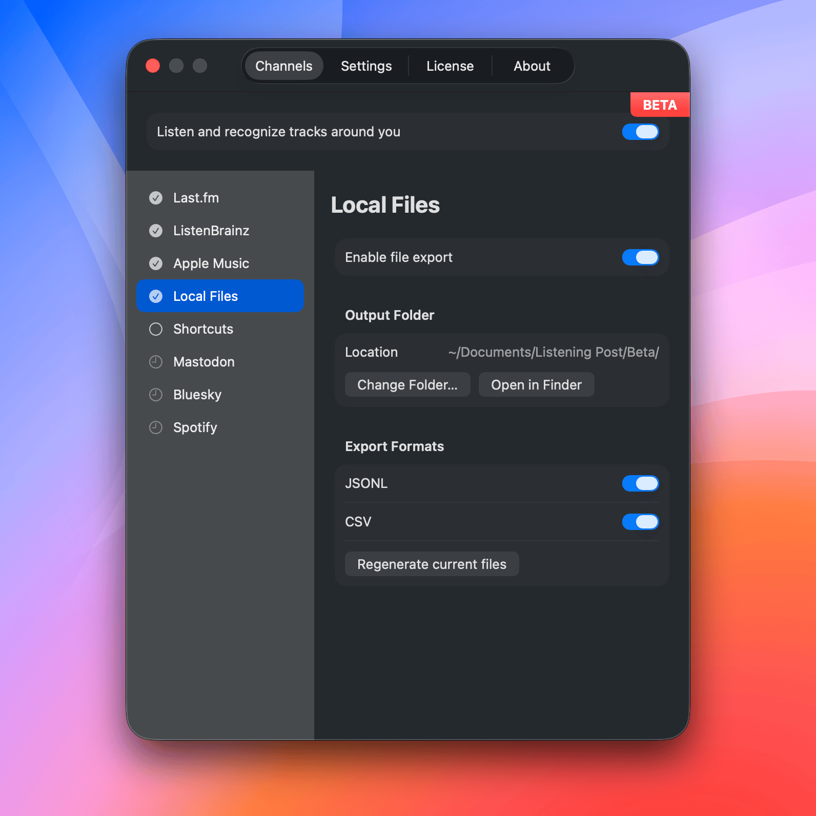 Screenshot of the Listening Post app window showing its channel configuration tab, with Last.fm selected.