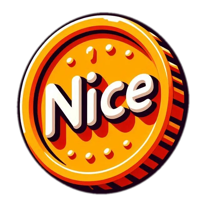 A stylized orange coin with the word "Nice" on it in white letters