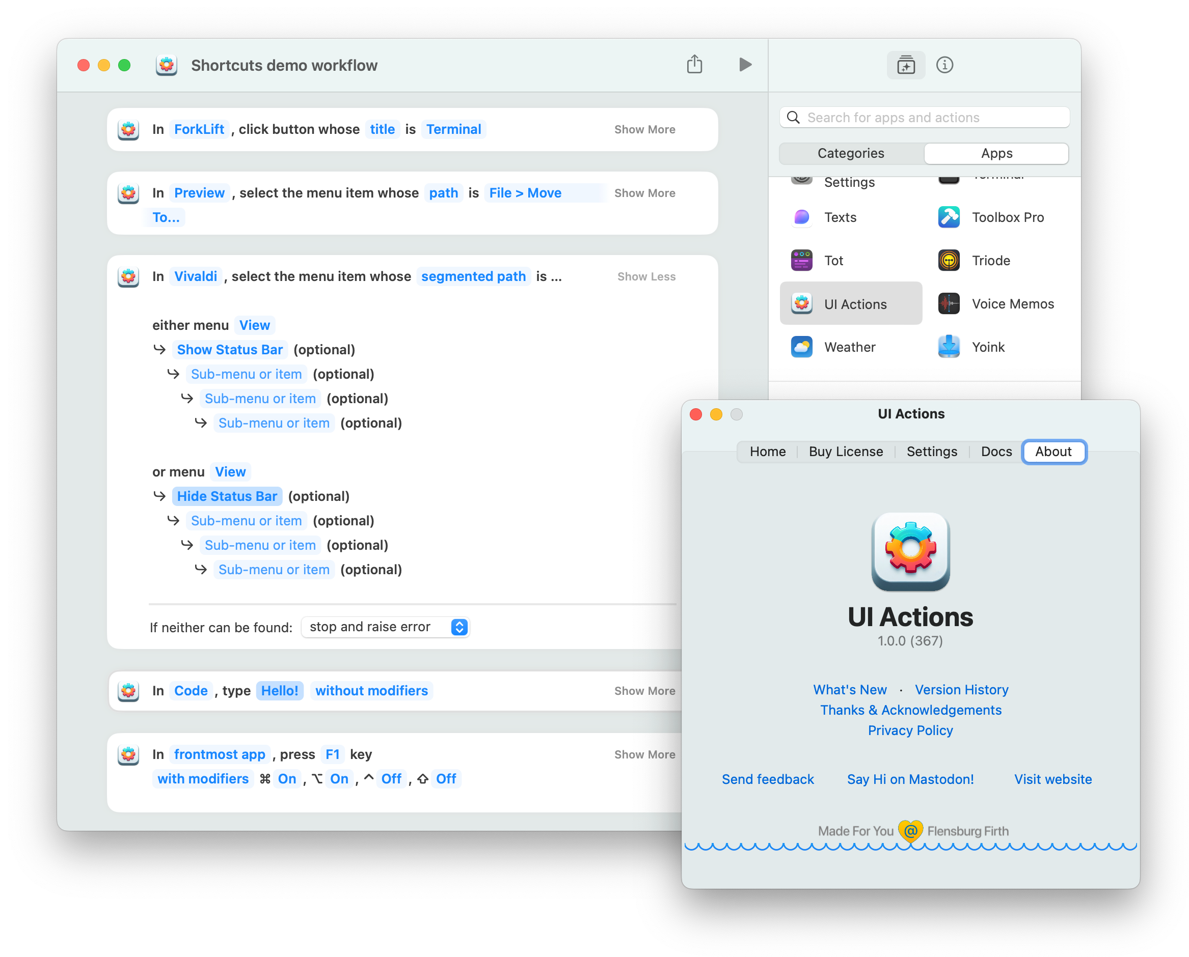 Screenshot of macOS Shortcuts, showing actions provided by the app UI Actions